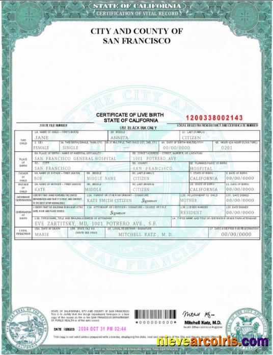 USA California state birth certificate